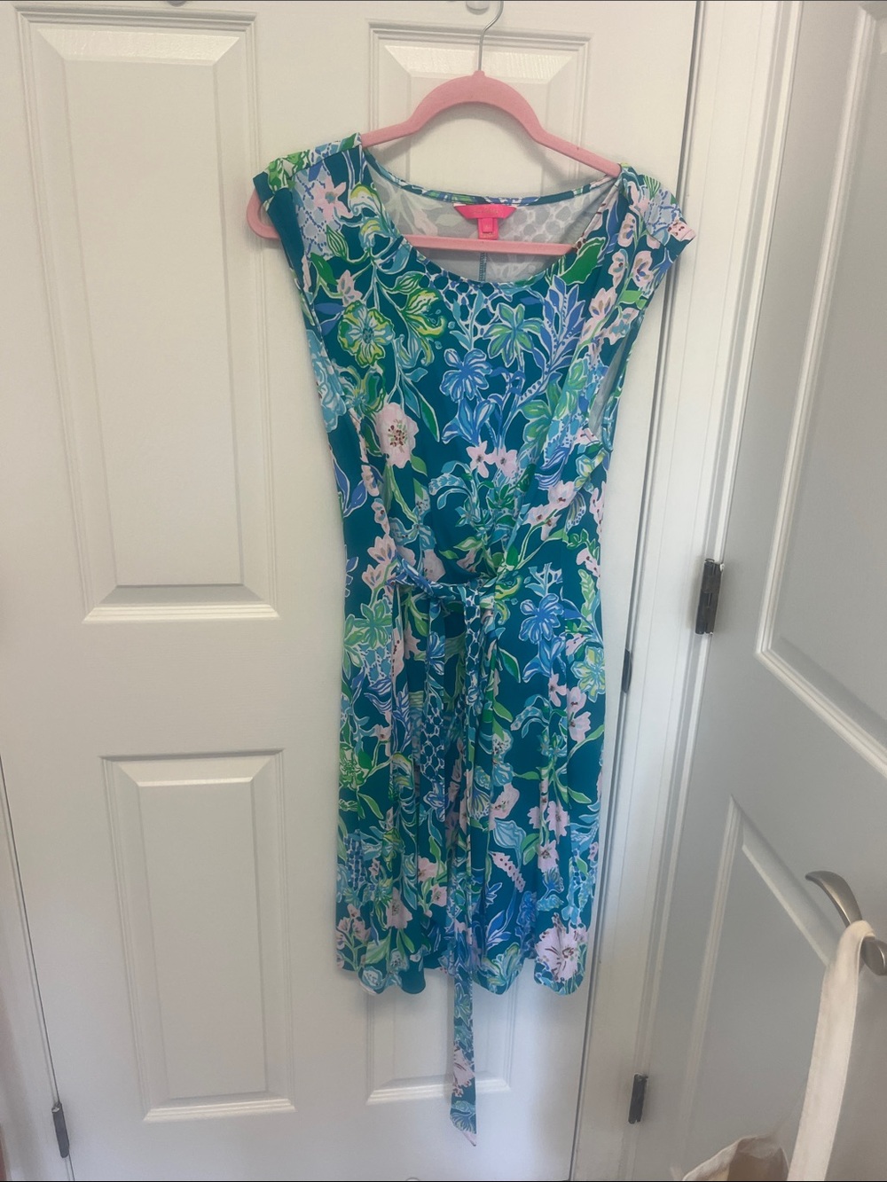 Lilly Pulitzer Floral Tie-Waist Midi Dress in Blue, Green & Pink